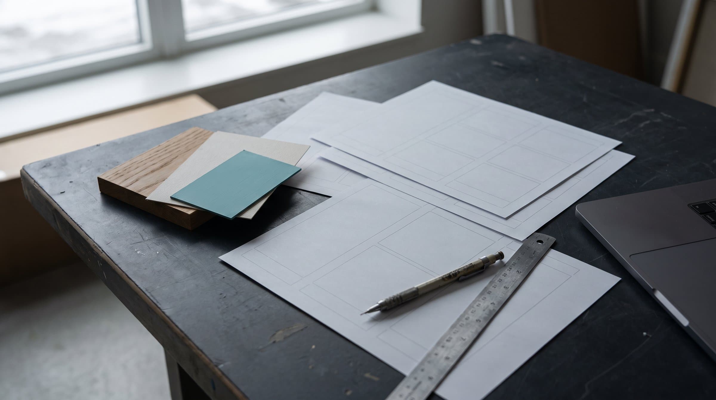 Arbeitstisch am Fenster: Papierbögen mit leeren Layout-Rastern, daneben Materialmuster aus Eiche, Papier und ein türkises Täfelchen, ein Druckbleistift, ein Stahllineal und ein zugeklappter Laptop am Bildrand.