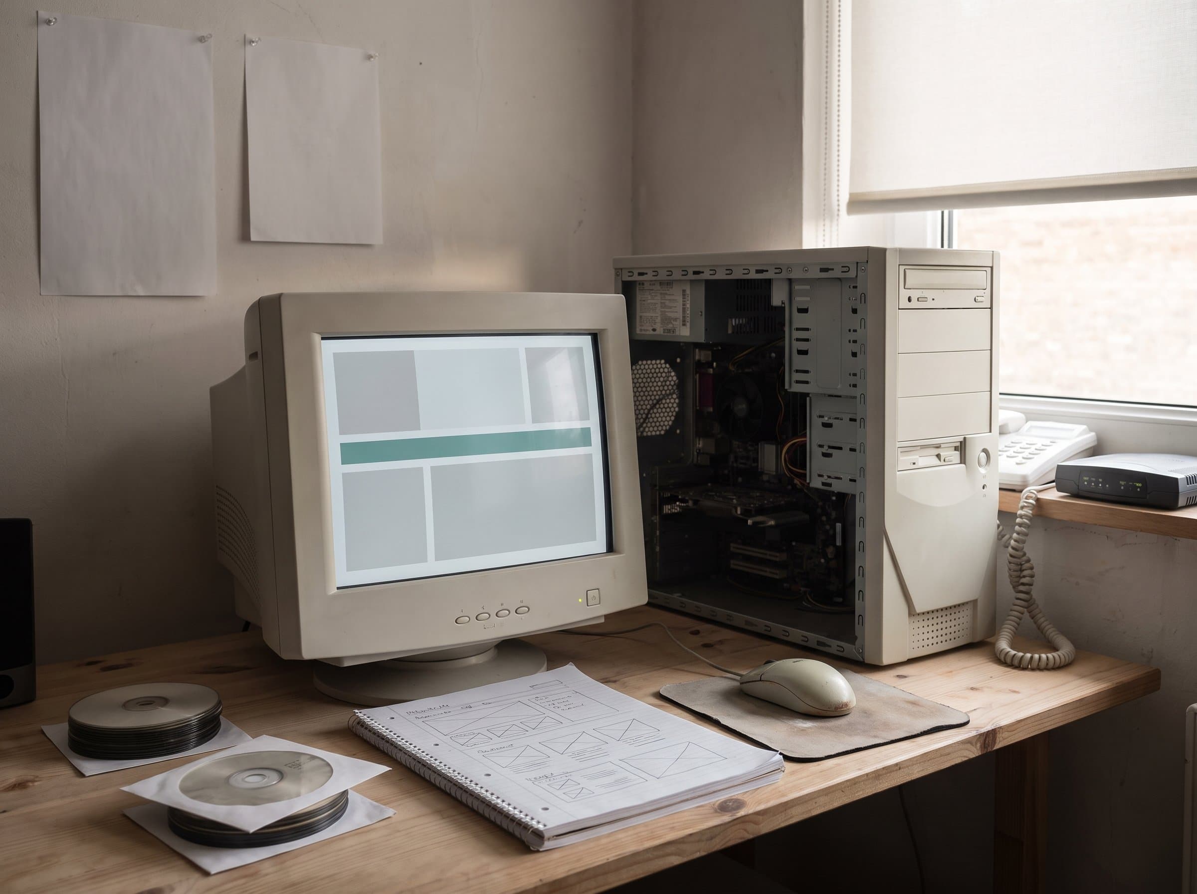 Jugendzimmer-Schreibtisch um das Jahr 2000: ein wuchtiger beiger Röhrenmonitor mit blassen Layout-Flächen, daneben ein geöffneter Tower, Kugelmaus, ein Notizblock voller handgezeichneter Seitenskizzen, gestapelte CD-Rohlinge und ein Modem mit schwach leuchtenden Lämpchen im Nachmittagslicht.