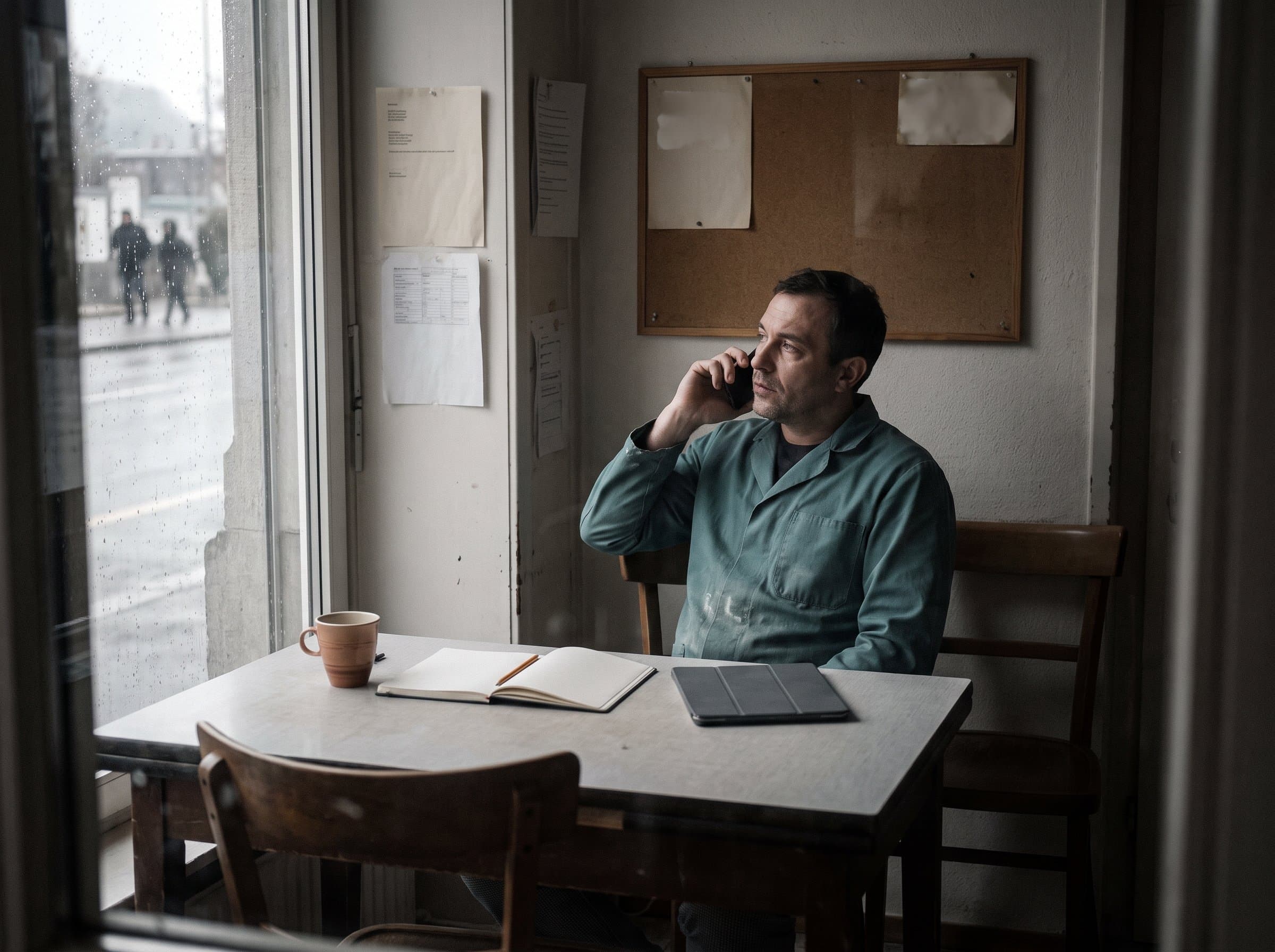 Ein Betriebsinhaber sitzt allein am Tisch seines Büros und telefoniert, den Blick zum Fenster; vor ihm eine Kaffeetasse, ein offenes leeres Notizbuch mit Bleistift und ein Tablet.