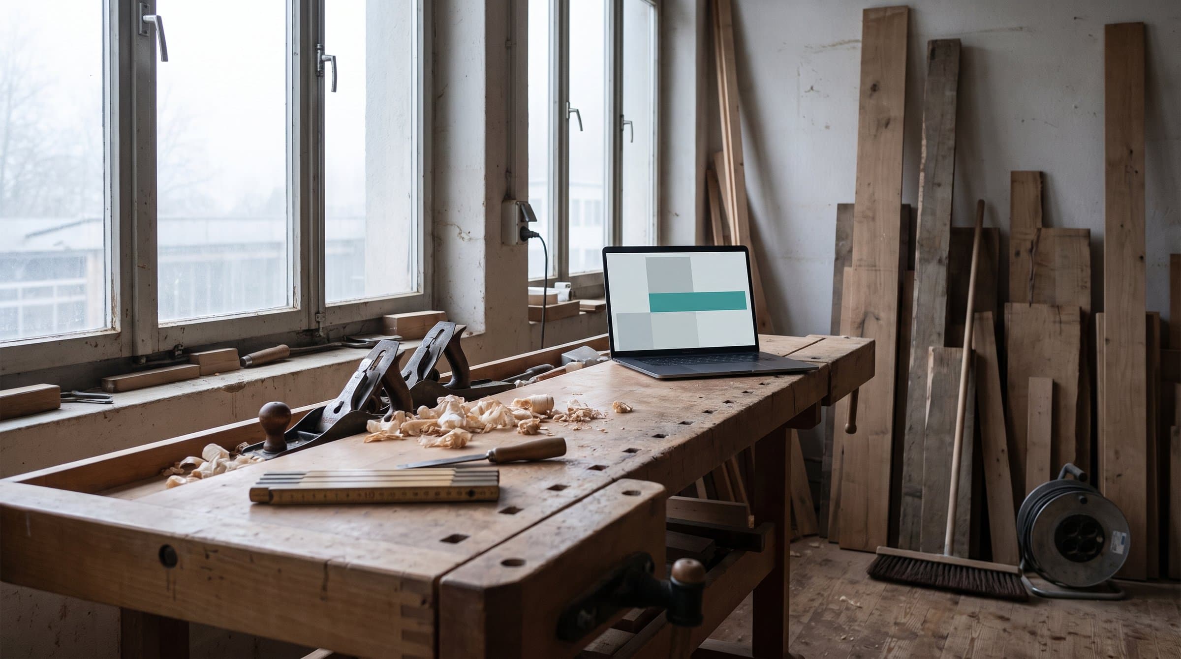 Schreinerwerkstatt am Morgen: auf der alten Hobelbank liegen Handhobel, Meterstab und Hobelspäne, daneben steht ein aufgeklappter Laptop mit einem abstrakten Layout in Grau und Türkis.