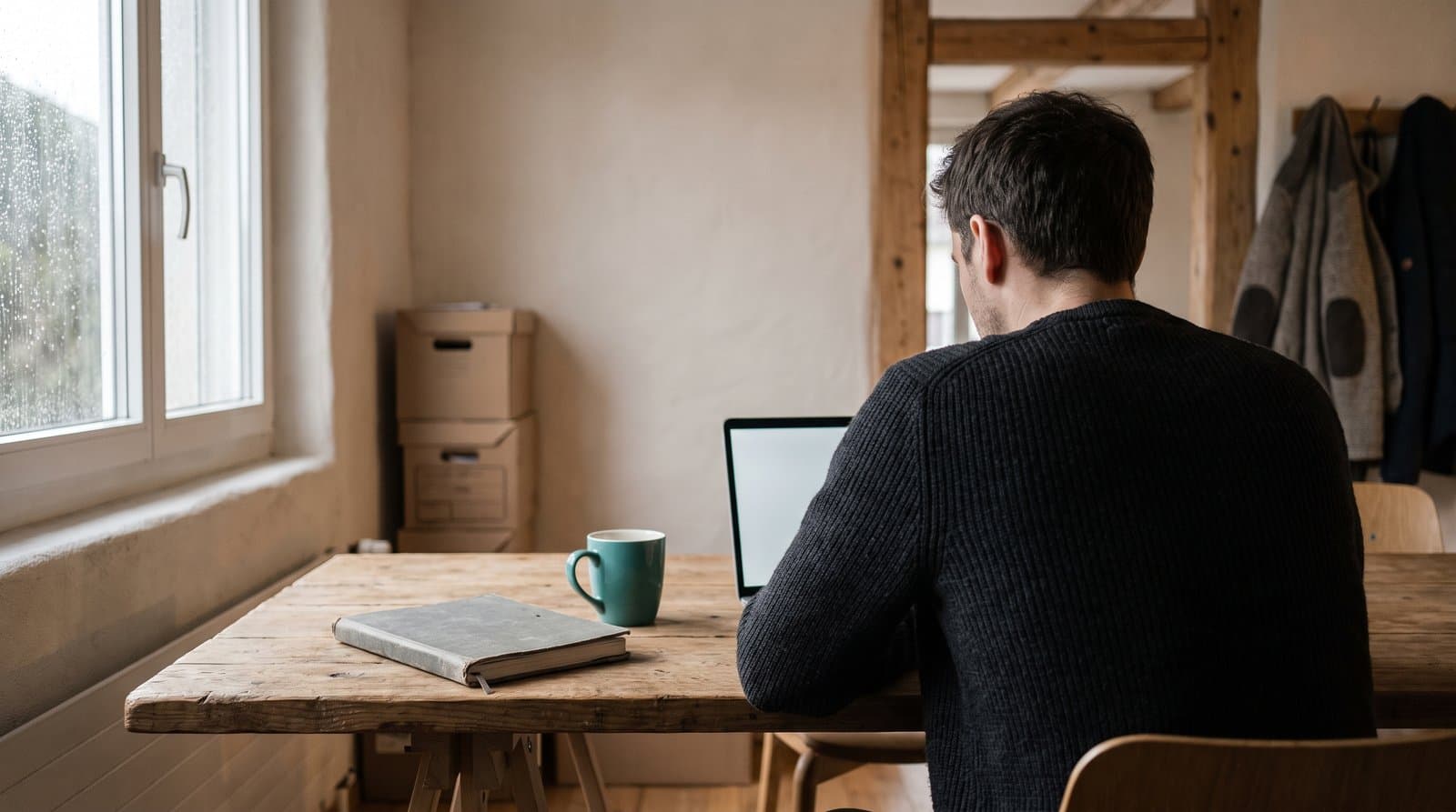 Ein Mann sitzt mit dem Rücken zur Kamera an einem Holztisch am Laptop, daneben Notizbuch und Kaffeetasse — Büroarbeit im eigenen Betrieb.